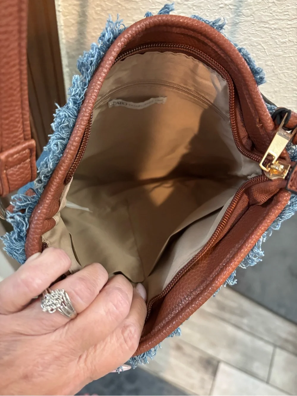 Cato Denim Crossbody Bag with Brown Trim